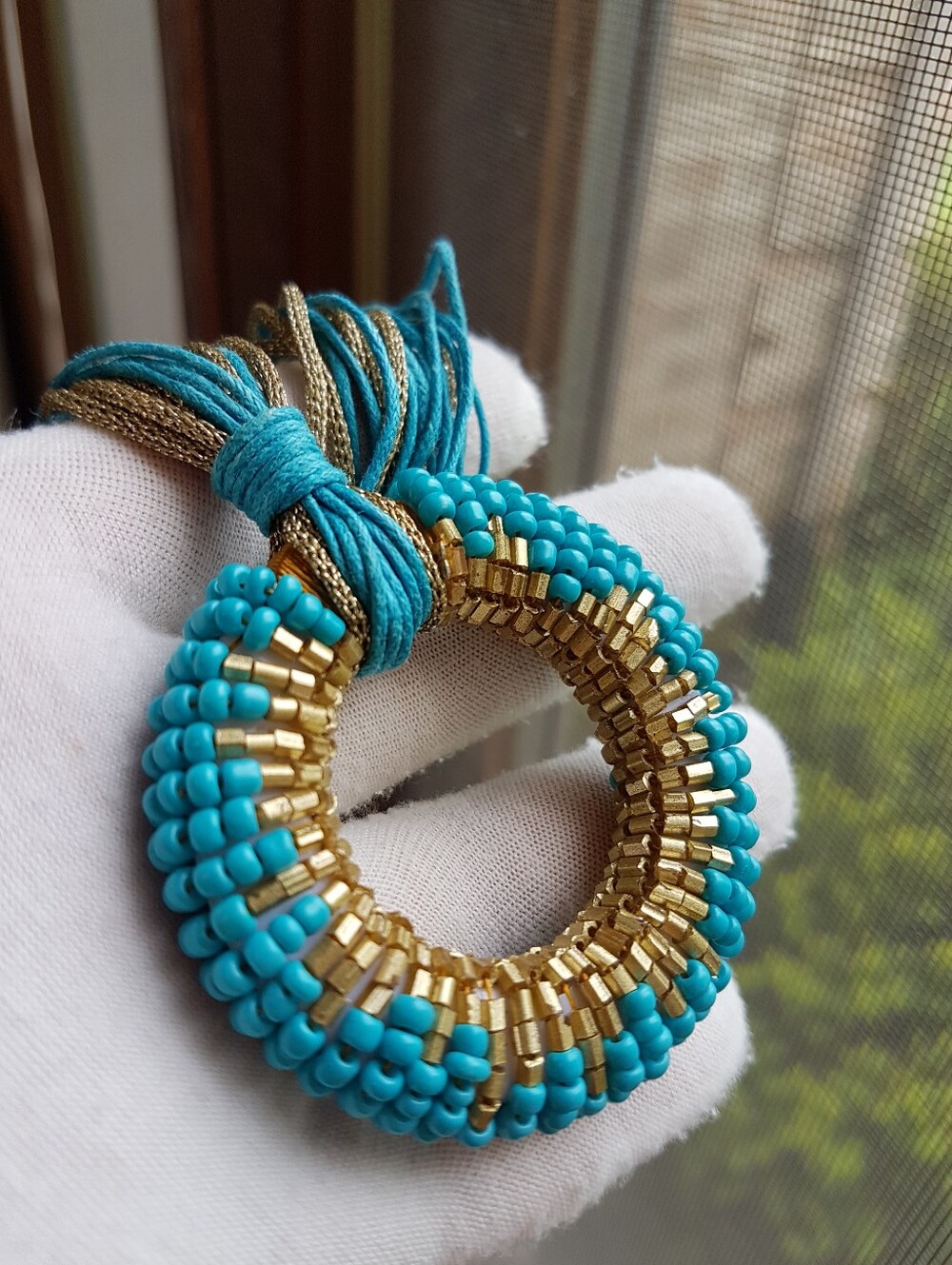 Turquoise & Gold Beaded Circle Statement Pendant Choker Necklace - Handmade NEW